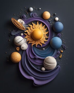 A creative representation of the solar system, featuring planets and the sun in a colorful, abstract design.