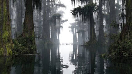 Misty cypress trees line a tranquil swamp waterway.