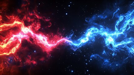 Dynamic electric blue and red lightning bolts clash against a dark background, creating a dramatic and vibrant visual effect.