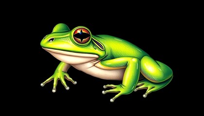Fototapeta premium Highly Detailed Digital Painting of a Vibrant Green Tree Frog with Striking Orange Eyes Isolated on a Black Background
