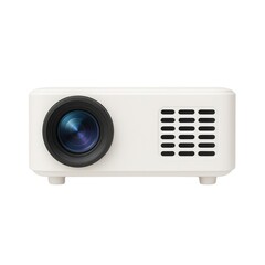 Front View of Compact White Mini Projector with Lens and Vent Isolated on White Background – Portable Multimedia Device for Home Entertainment, Movies, and Presentations

