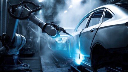 Naklejka premium Robotic car painting in a factory
