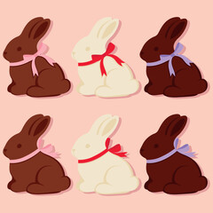 Milk, white and dark chocolate easter bunnies with bow isolated on a peach background. Vector illustration.	