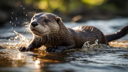 Obraz premium Otter Swimming Through Stream with Splashes of Water