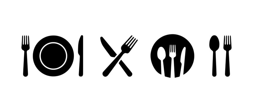 Fork, knife, plate and spoon. Menu symbol. Restaurant icon. Food, plate, fork, knife, spoon, cutlery icon set.