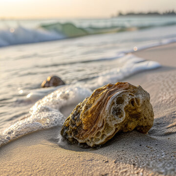 A close shot of ambergris showcasing its waxy texture and earthy tones placed on a sandy beach with gentle waves in the background evoking a natural and serene atmosphere
