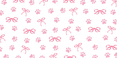 Coquette ribbon bow and pet paw seamless pattern for backgrounds, presentations, wrapping papers, prints, artworks. Vector illustration  © Huma Fida