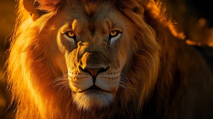 Naklejka premium Majestic lion portrait, bathed in golden sunlight.