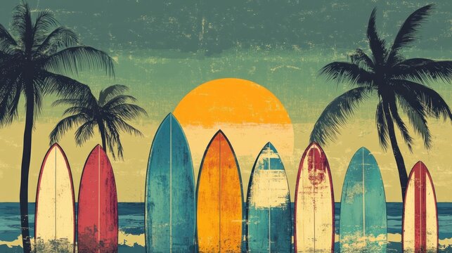 Retro surfboards at sunset beach scene