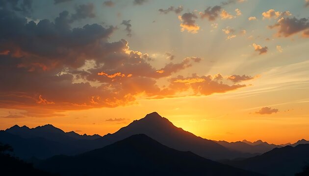 Majestic Sunset Over Silhouetted Mountain Range, Dramatic Orange Sky, Stunning Nature Photography - Powered by Adobe