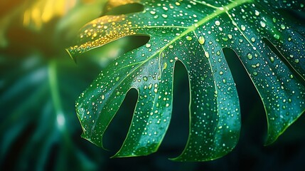 Fototapeta premium Dewdrops on Monstera Leaf: A Tropical Paradise