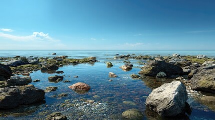 Calm coastal rocks reflecting a clear sky.