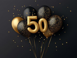 Elegant gold and black balloons celebrate a 50th birthday with confetti. Perfect for party invitations or anniversary cards.
