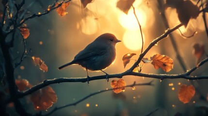 Autumn Bird on Branch at Sunrise