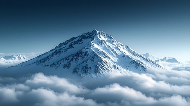 Majestic snowy mountain peak piercing through clouds into clear blue sky