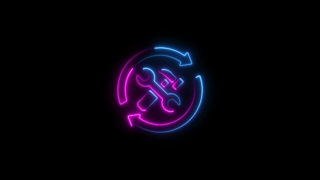 Glowing neon maintenance icon isolated on black background. HD Video motion graphic animation