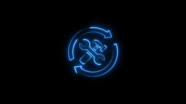 Glowing neon maintenance icon isolated on black background. HD Video motion graphic animation