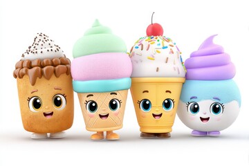 Obraz premium Adorable Dessert Characters A Playful Ice Cream Cone, Sundae, and Sweet Treats on White