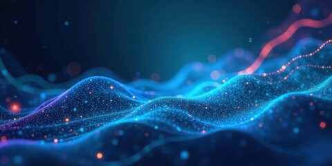 Abstract Digital Landscape Glowing Particles Forming Dynamic Waves of Information and Data