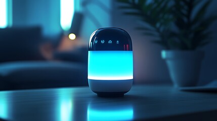 Illuminated smart speaker glows softly on a bedside table at night.