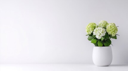 Simple, elegant arrangement of delicate white hydrangea flowers in a modern, minimalist white pot against a clean white background