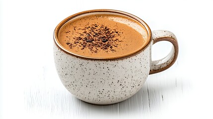 Fototapeta premium Frothy Cappuccino Topped with Chocolate in White Speckled Mug on Clean White Wooden Table