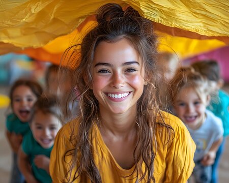 Joyful childcare worker leading parachute game with smiling children