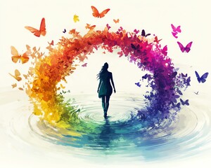 Obraz premium A person walking in circles with a whirlwind of colorful erflies chasing them Psychology art concept AI generation