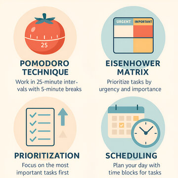 Infographic on time management techniques Pomodoro, Eisenhower Matrix, prioritization, and scheduling with pastel visuals.