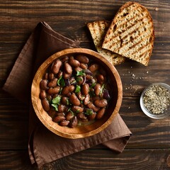 Baked beans in bowl on wooden table