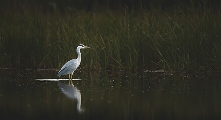 Heron Standing in Shallow Water with Reflections in Natural Setting