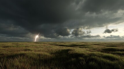 Dramatic lightning strike over a grassy plain under a stormy sky.