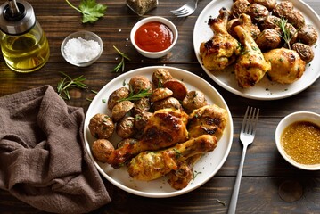 Roasted chicken drumsticks with baby potatoes