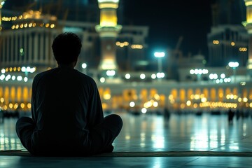 Serene Reflection of Individual during Night Prayer at Mosque