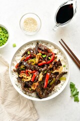 Chilli beef in sweet and spicy chilli sauce with basmati rice