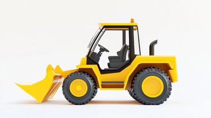 Yellow construction vehicle with a front loader on a plain background, showcasing its design