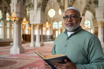 Engaged Reader in Beautiful Mosque Interior with Religious Text