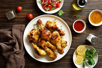 Bbq roasted chicken drumsticks served with sauce