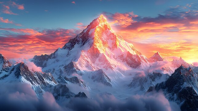 Majestic snow capped mountain peak at sunrise