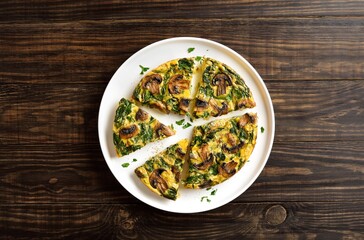 Sliced frittata with spinach and champignon mushrooms, top view