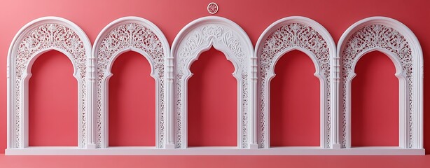 A set of white paper-cut arches on a red background