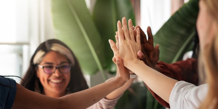 Diverse group of people high-fiving, showing teamwork and unity. Diverse women hands, teamwork, unity, and collaboration in a positive environment. Teamwork and togetherness, business teamwork