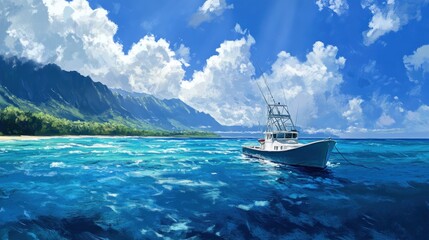 Obraz premium Sunny tropical fishing boat on calm ocean, mountains in background, beach visible