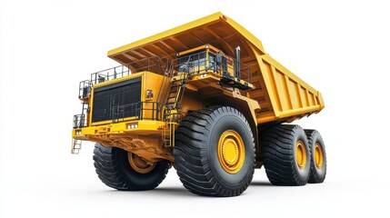 Large yellow dump truck parked on a construction site with machinery and workers in the background