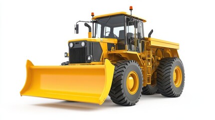 Fototapeta premium Yellow construction bulldozer parked on a clean surface with clear background, ready for work