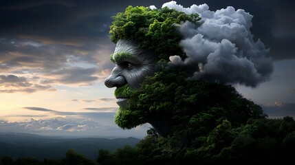 Surreal nature face merging human and natural elements