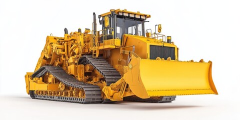 Obraz premium Heavy yellow bulldozer on a white background, showcasing its powerful build and machinery design