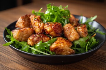Crispy Fried Chicken Bites Served on a Bed of Fresh Green Arugula Leafy Vegetables