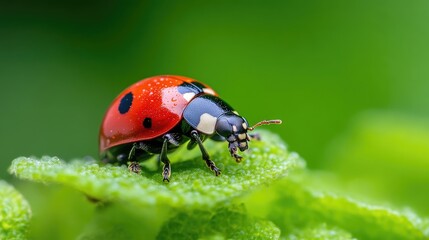 Fototapeta premium A ladybug on a vibrant green leaf