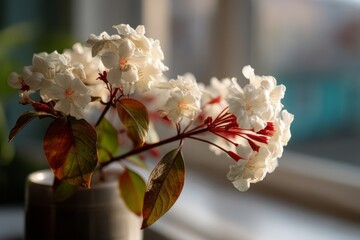 Elegant White Flowers in a Vase with Sunlight and Soft Background in a Serene Indoor Setting